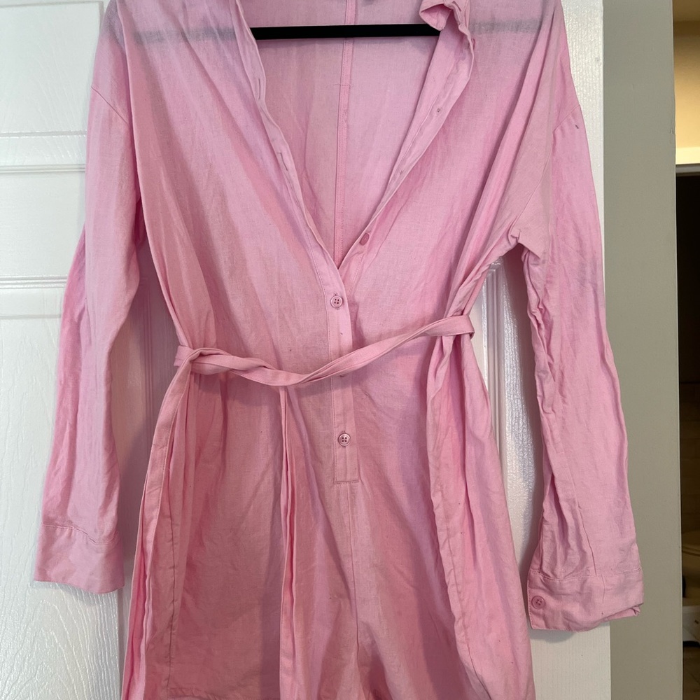 ASOS Design Belted beach shirt romper in light pink